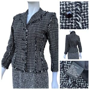Vintage Bill Blass Jacket Women Fringe Black White‎ Tweed Silk Cropped Sz 6 90's